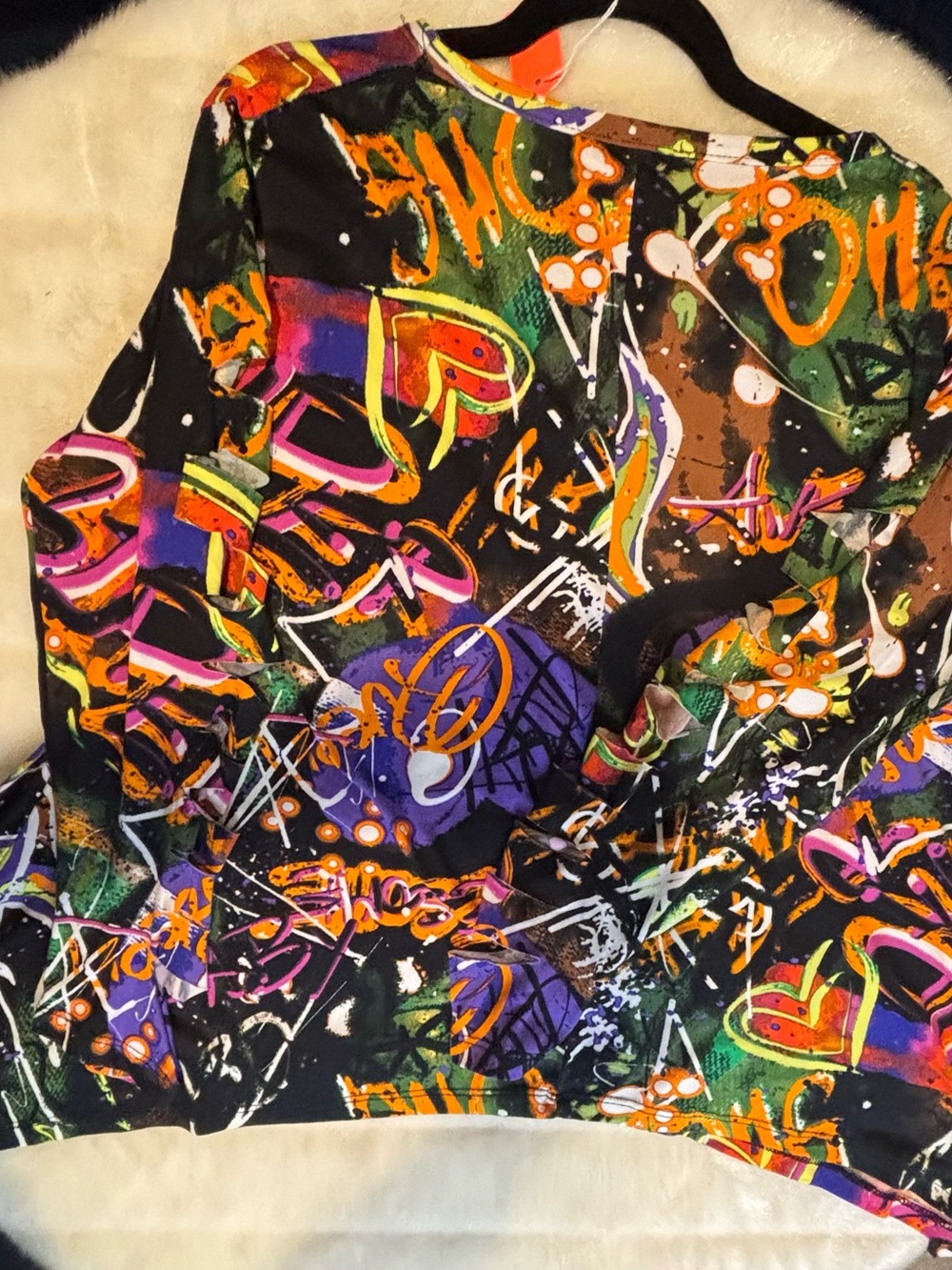 Colorful Graffiti-Print Women’s Top with Fringe Sleeve